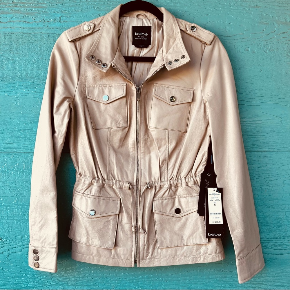 Bebe Genuine Leather Utility Jacket Cream Beige Zip Front NWT Size S